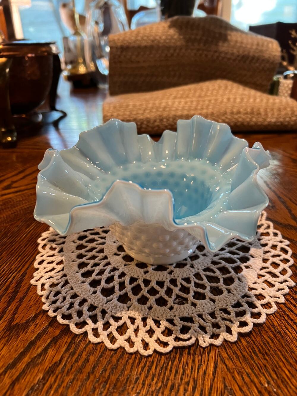 Vintage Fenton Overlay Bowl in Light Blue Over Hobnail Milk Glass 6.5”